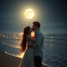 A romantic scene featuring a couple sharing a tender kiss under a moonlit sky