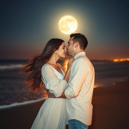 A romantic scene featuring a couple sharing a tender kiss under a moonlit sky
