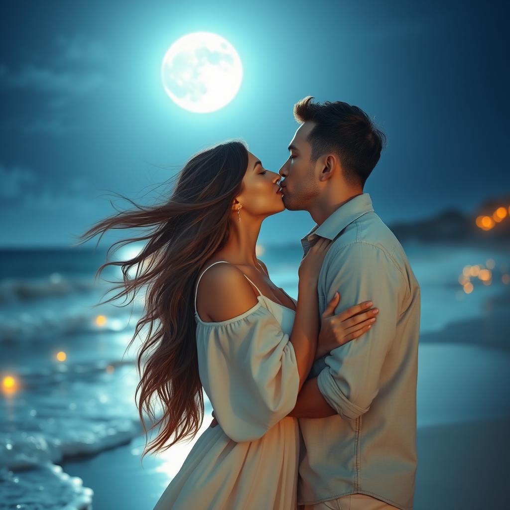 A romantic scene featuring a couple sharing a tender kiss under a moonlit sky