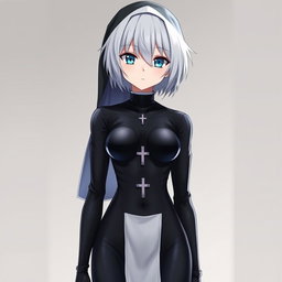 A striking anime character with short, white-grey hair and captivating blue eyes