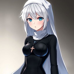 A striking anime character with short, white-grey hair and captivating blue eyes