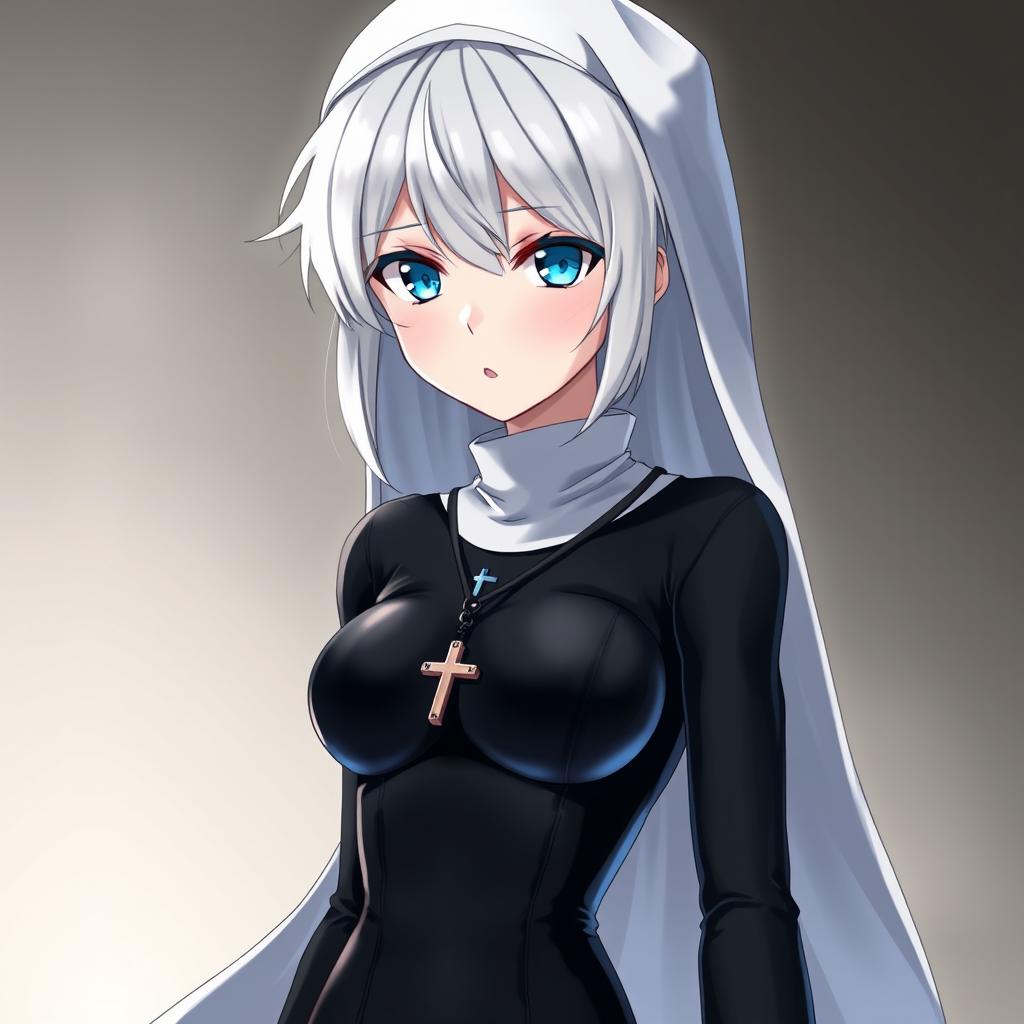 A striking anime character with short, white-grey hair and captivating blue eyes
