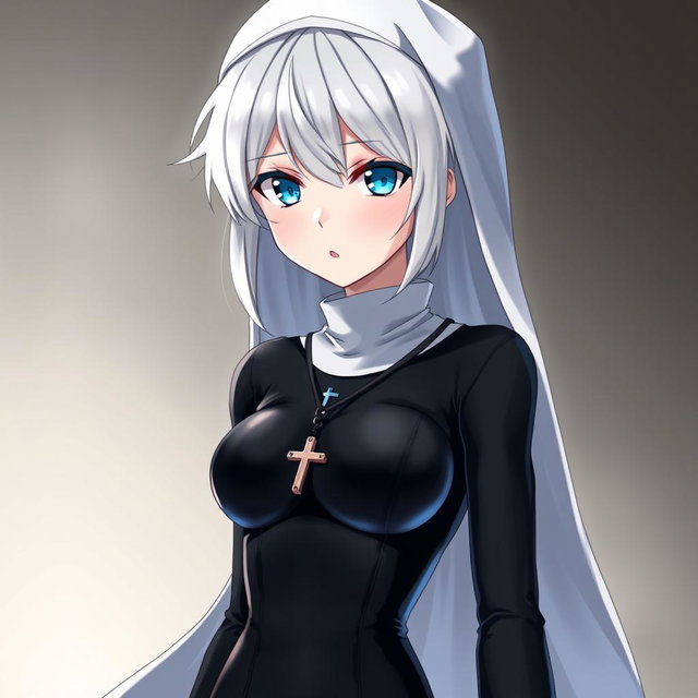 A striking anime character with short, white-grey hair and captivating blue eyes