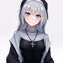 A striking anime character with short, white-grey hair and captivating blue eyes