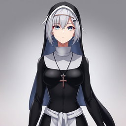 A striking anime character with short, white-grey hair and captivating blue eyes