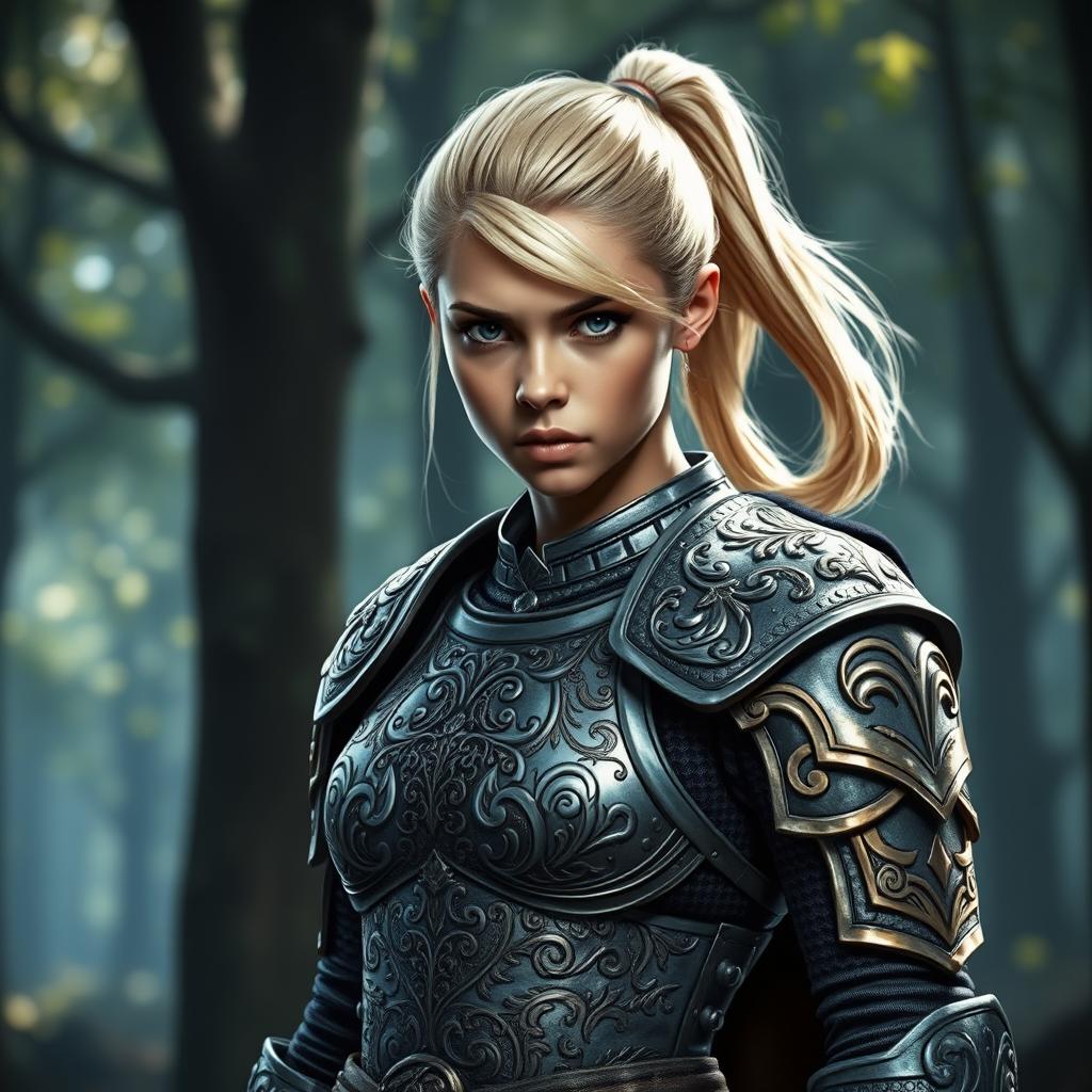 An intense young female human Dungeons and Dragons character with striking blond hair styled in a sleek ponytail