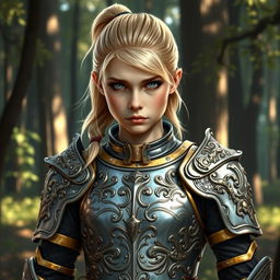 An intense young female human Dungeons and Dragons character with striking blond hair styled in a sleek ponytail
