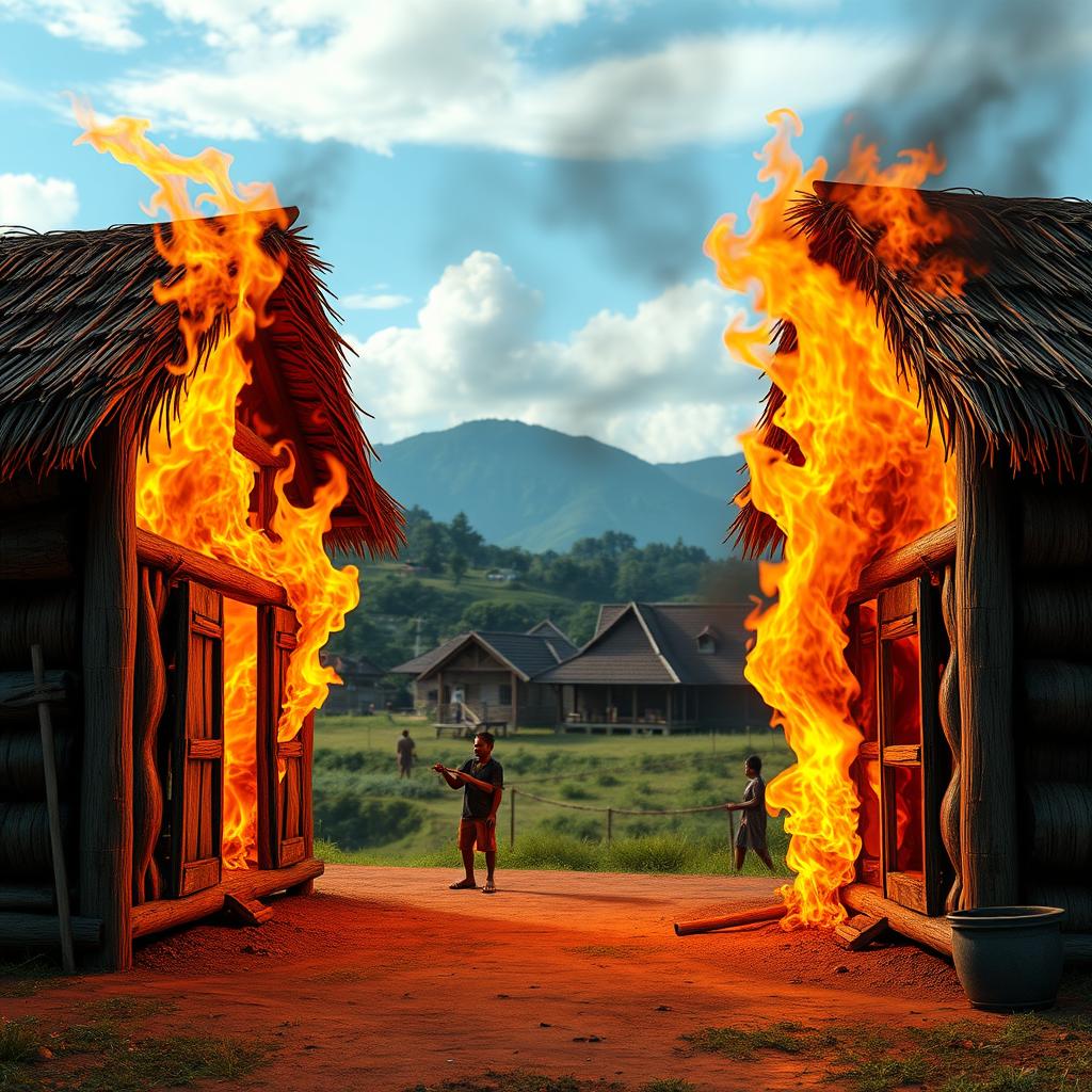 A dramatic 3D scene depicting two kios engulfed in flames in a village setting