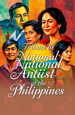 A vibrant and artistic poster celebrating the National Artists of the Philippines, featuring a collage of iconic Philippine art styles