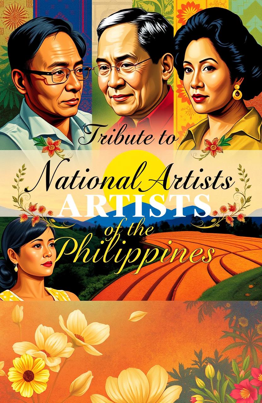 A vibrant and artistic poster celebrating the National Artists of the Philippines, featuring a collage of iconic Philippine art styles