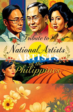 A vibrant and artistic poster celebrating the National Artists of the Philippines, featuring a collage of iconic Philippine art styles