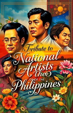 A vibrant and artistic poster celebrating the National Artists of the Philippines, featuring a collage of iconic Philippine art styles