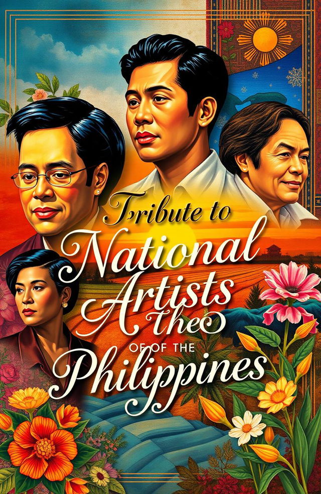 A vibrant and artistic poster celebrating the National Artists of the Philippines, featuring a collage of iconic Philippine art styles
