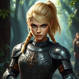 An intense young female human Dungeons and Dragons character with stunning blond hair tied back in a sleek ponytail