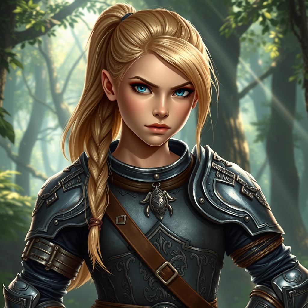 An intense young female human Dungeons and Dragons character with stunning blond hair tied back in a sleek ponytail