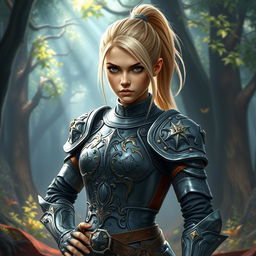 An intense young female human Dungeons and Dragons character with stunning blond hair tied back in a sleek ponytail