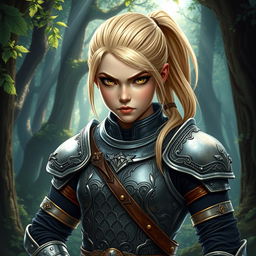 An intense young female human Dungeons and Dragons character with stunning blond hair tied back in a sleek ponytail