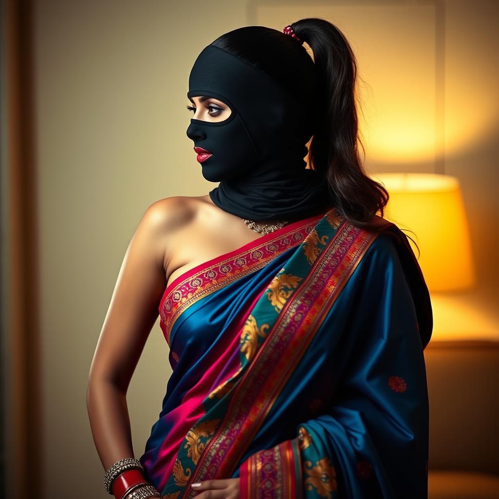 A sexy Indian woman elegantly adorned in a stunning saree, showcasing vibrant colors and intricate designs