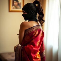 A sexy Indian woman elegantly adorned in a stunning saree, showcasing vibrant colors and intricate designs