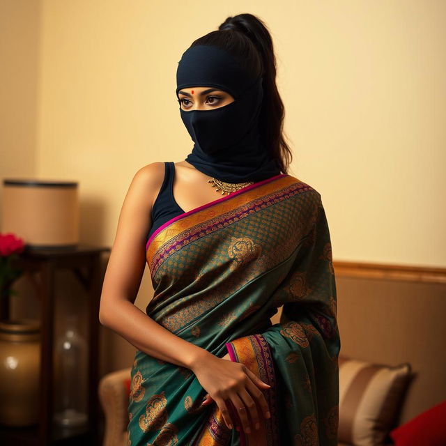 A sexy Indian woman elegantly adorned in a stunning saree, showcasing vibrant colors and intricate designs