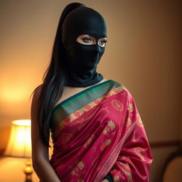 A sexy Indian woman elegantly adorned in a stunning saree, showcasing vibrant colors and intricate designs