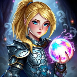 A young female human Dungeons and Dragons character with vibrant blond hair styled in a sleek ponytail