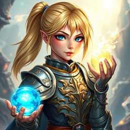 A young female human Dungeons and Dragons character with vibrant blond hair styled in a sleek ponytail