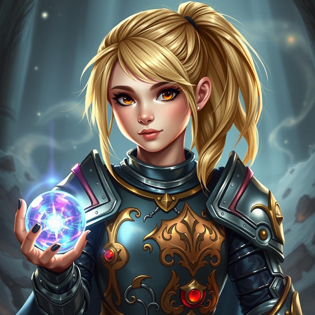 A young female human Dungeons and Dragons character with vibrant blond hair styled in a sleek ponytail
