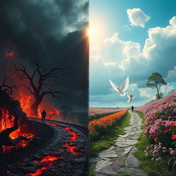 A surreal and dramatic landscape depicting a split path leading to both Hell and Heaven