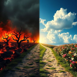 A surreal and dramatic landscape depicting a split path leading to both Hell and Heaven