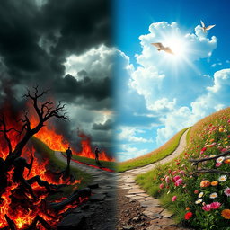 A surreal and dramatic landscape depicting a split path leading to both Hell and Heaven