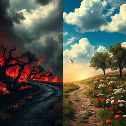 A surreal and dramatic landscape depicting a split path leading to both Hell and Heaven