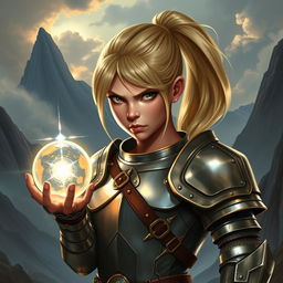 An intense young female human Dungeons and Dragons character with striking blond hair pulled back into a sleek ponytail
