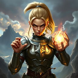 An intense young female human Dungeons and Dragons character with striking blond hair pulled back into a sleek ponytail