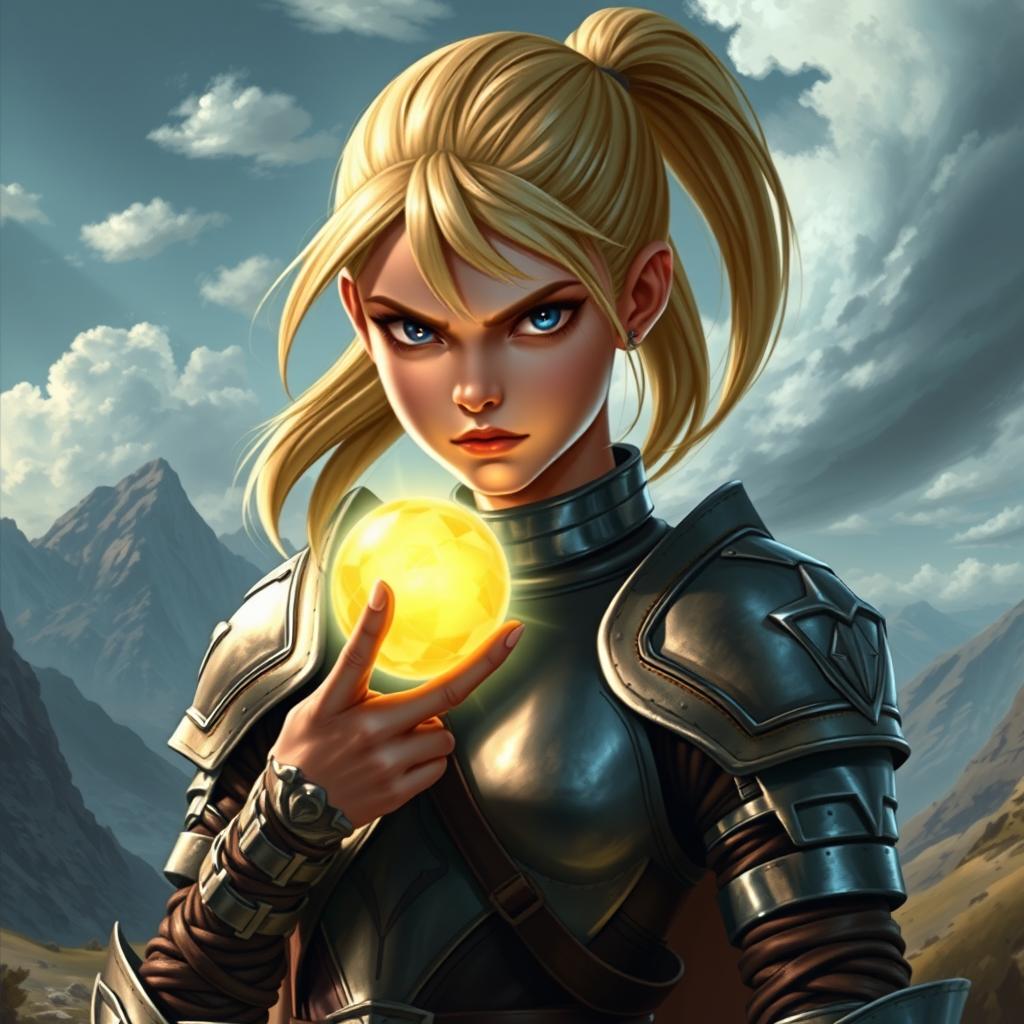 An intense young female human Dungeons and Dragons character with striking blond hair pulled back into a sleek ponytail