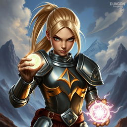 An intense young female human Dungeons and Dragons character with striking blond hair pulled back into a sleek ponytail