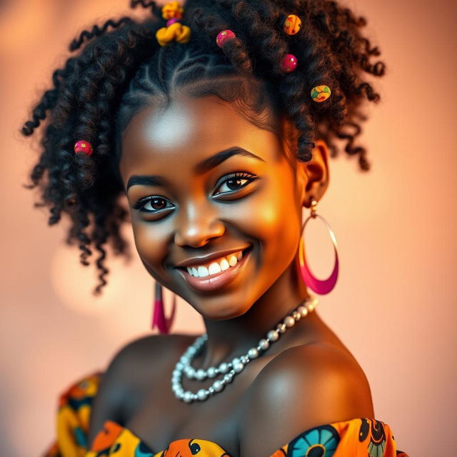 A stunning portrait of a beautiful black girl with a radiant smile, featuring long, curly hair adorned with colorful hair accessories, wearing a fashionable, vibrant outfit
