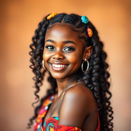A stunning portrait of a beautiful black girl with a radiant smile, featuring long, curly hair adorned with colorful hair accessories, wearing a fashionable, vibrant outfit