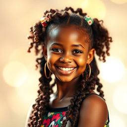 A stunning portrait of a beautiful black girl with a radiant smile, featuring long, curly hair adorned with colorful hair accessories, wearing a fashionable, vibrant outfit