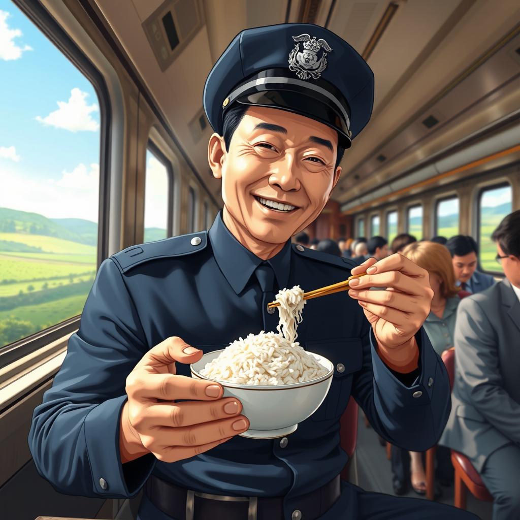 A scene depicting a policeman enjoying a bowl of rice on a train