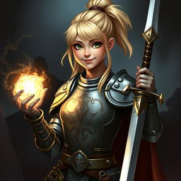 A smirking young female human Dungeons and Dragons character with striking blond hair styled in a sleek ponytail