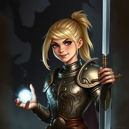 A smirking young female human Dungeons and Dragons character with striking blond hair styled in a sleek ponytail