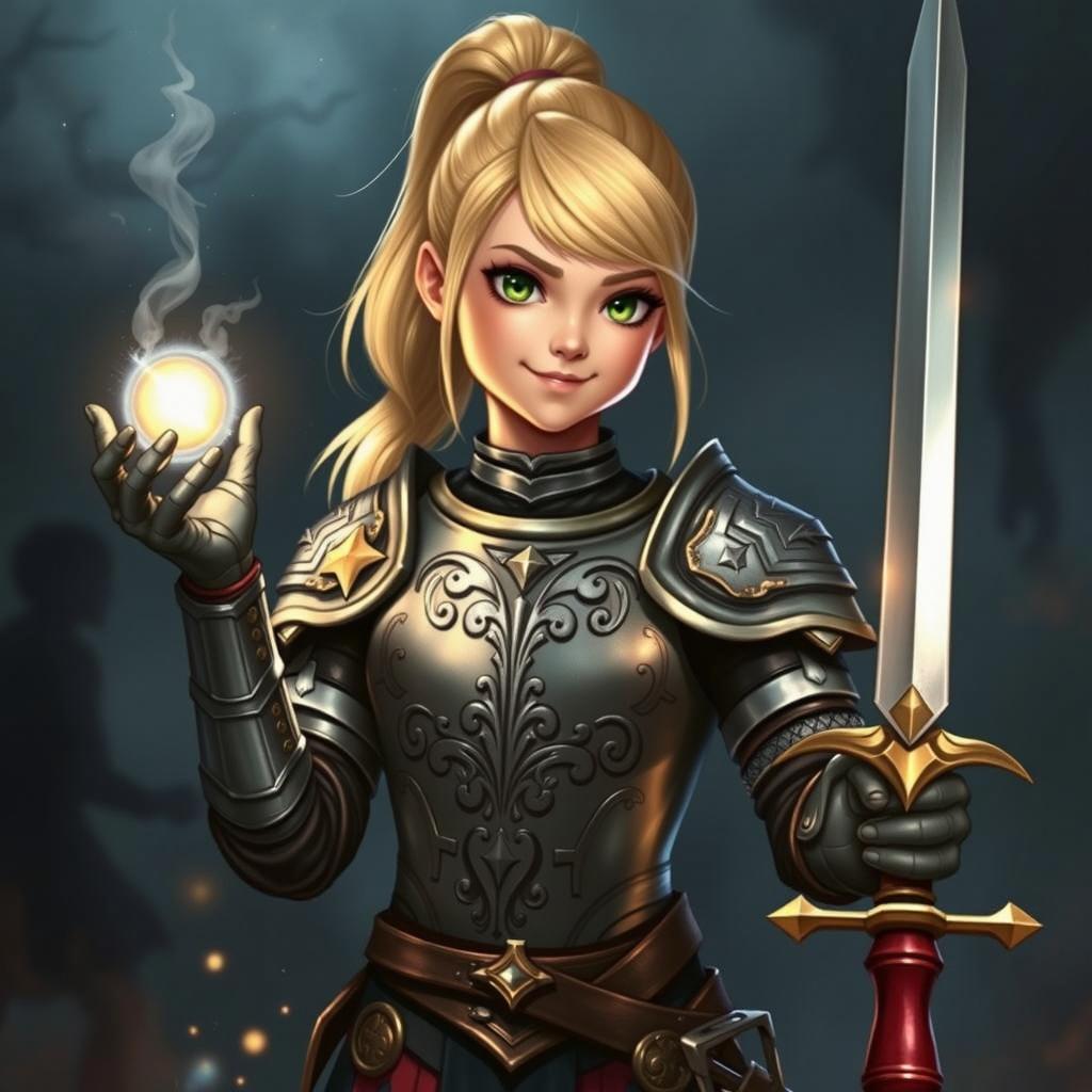 A young female human Dungeons and Dragons character with vibrant blond hair styled in a sleek ponytail