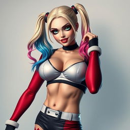 A stunning masterpiece showcasing a photorealistic portrayal of Harley Quinn, radiating charm and mischief