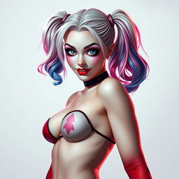 A stunning masterpiece showcasing a photorealistic portrayal of Harley Quinn, radiating charm and mischief