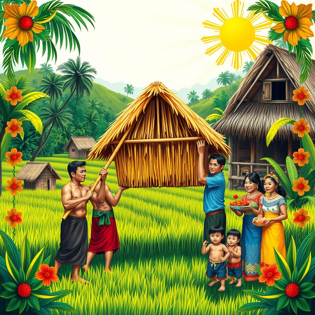 A vibrant and colorful rural village scene in the Philippines, featuring traditional nipa huts surrounded by lush rice fields