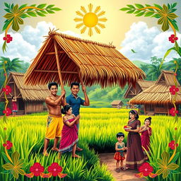 A vibrant and colorful rural village scene in the Philippines, featuring traditional nipa huts surrounded by lush rice fields