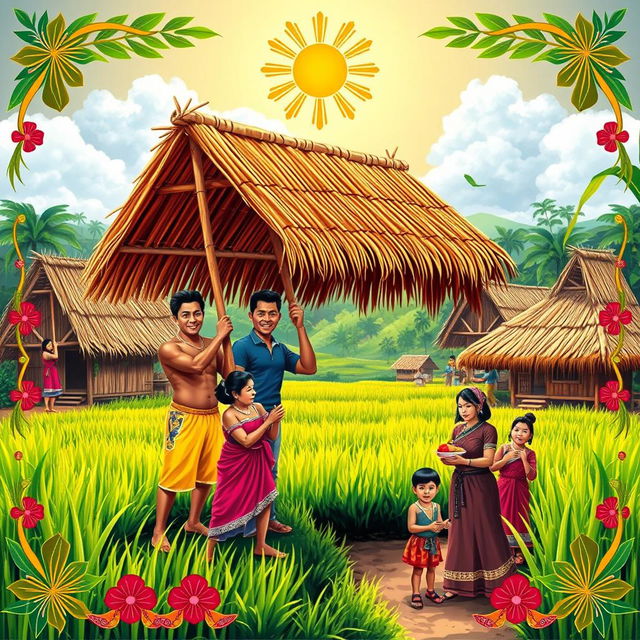 A vibrant and colorful rural village scene in the Philippines, featuring traditional nipa huts surrounded by lush rice fields