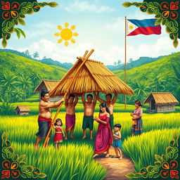 A vibrant and colorful rural village scene in the Philippines, featuring traditional nipa huts surrounded by lush rice fields