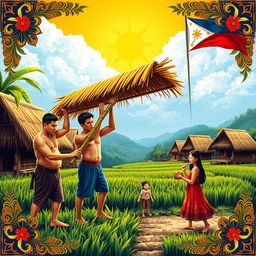 A vibrant and colorful rural village scene in the Philippines, featuring traditional nipa huts surrounded by lush rice fields